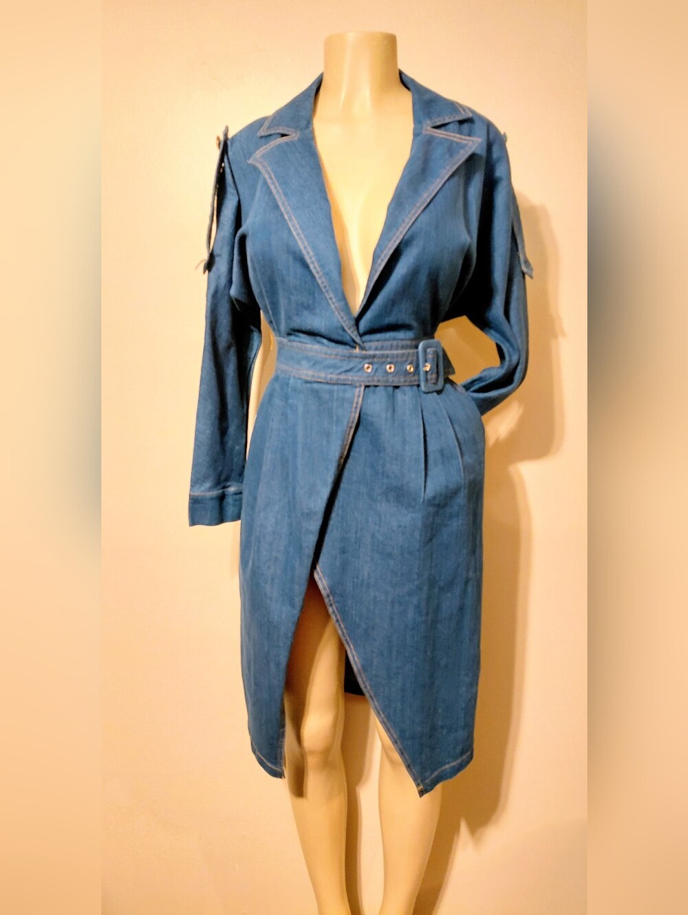 Denim Belted Trench Dress - Blue